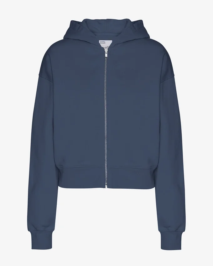Sweat court à capuche zippé en coton bio - Bleu pétrole