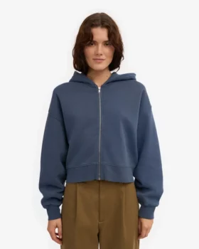 Sweat court à capuche zippé en coton bio – Bleu pétrole
