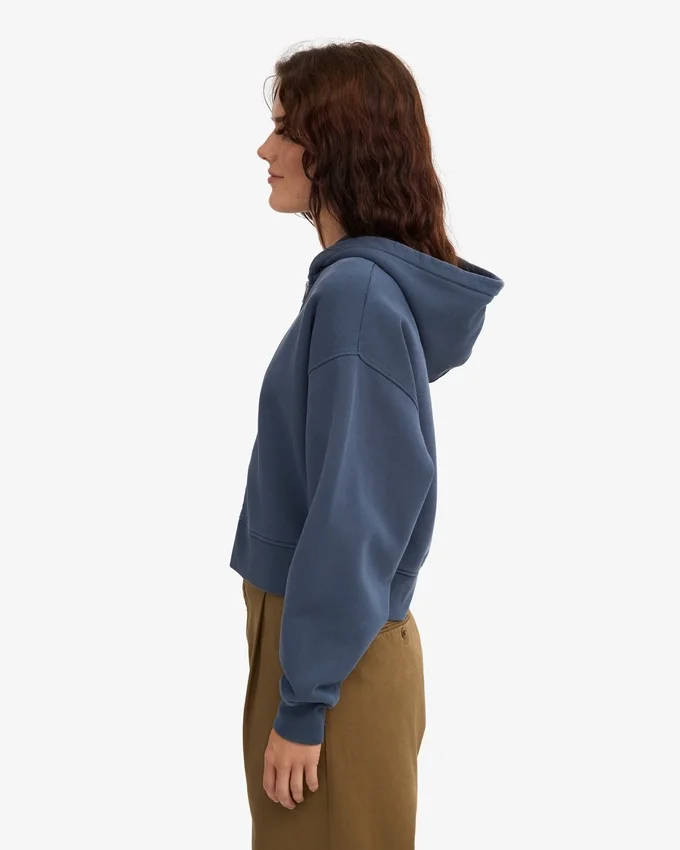 Sweat court à capuche zippé en coton bio - Bleu pétrole