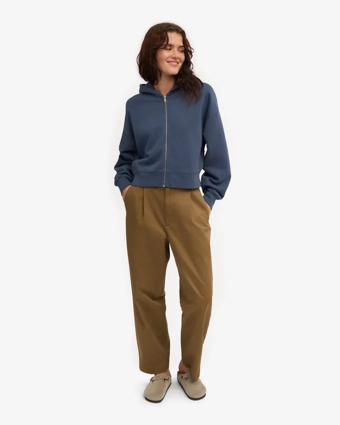 Sweat court à capuche zippé en coton bio - Bleu pétrole