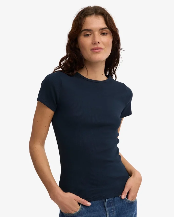 T-shirt en coton bio à côtes – Bleu marine