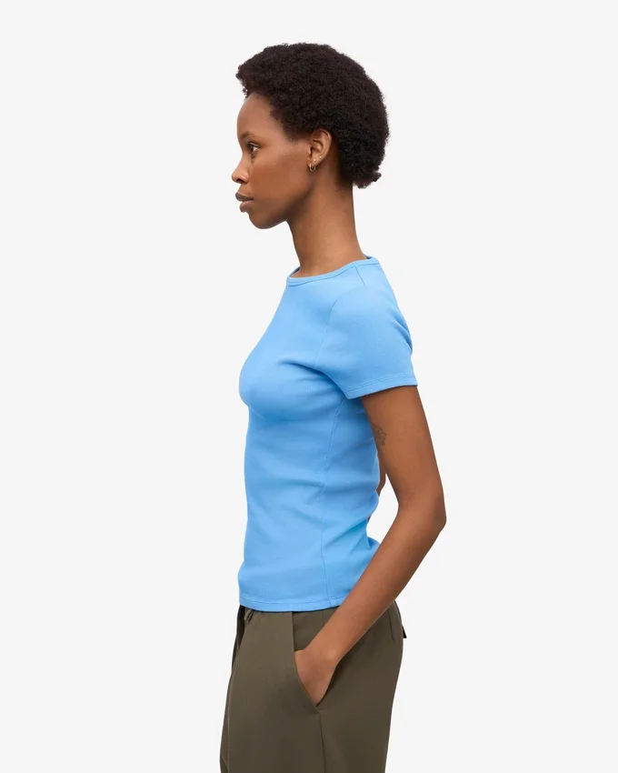 T-shirt en coton bio à côtes - Bleu Pacifique