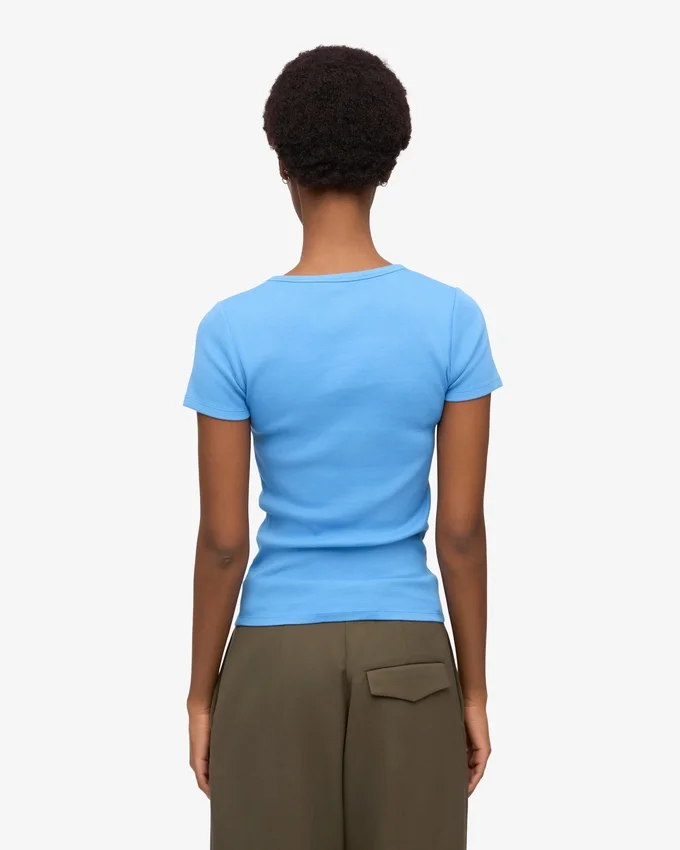 T-shirt en coton bio à côtes - Bleu Pacifique