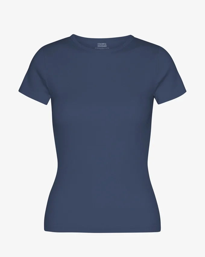 T-shirt en coton bio à côtes - Bleu pétrole
