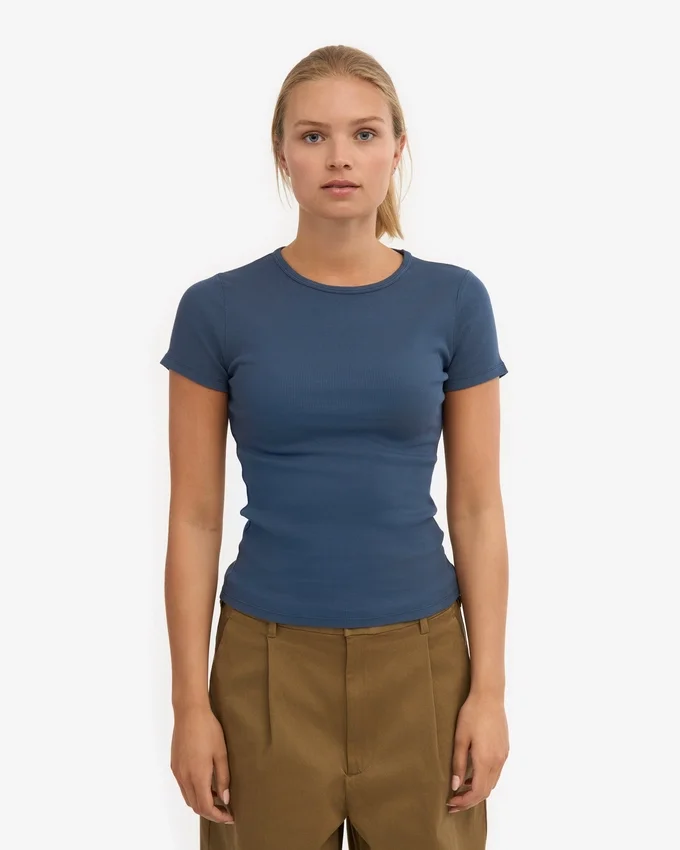 T-shirt en coton bio à côtes - Bleu pétrole