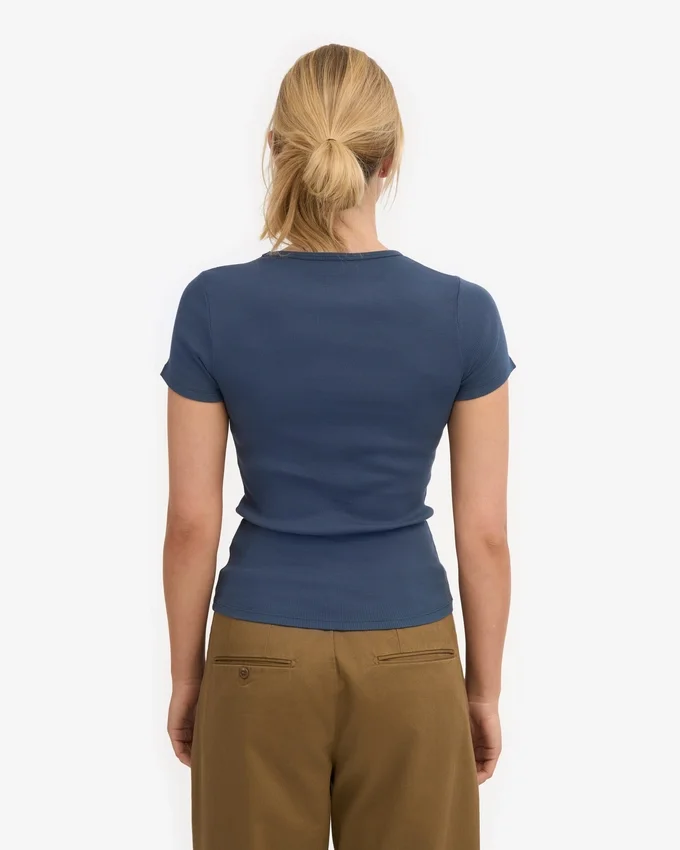 T-shirt en coton bio à côtes - Bleu pétrole