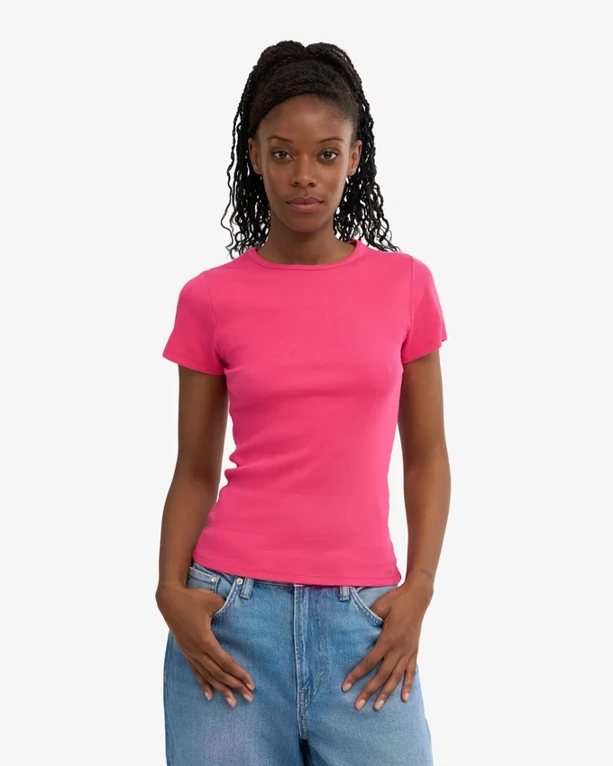 T-shirt en coton bio à côtes - rose bubble-gum