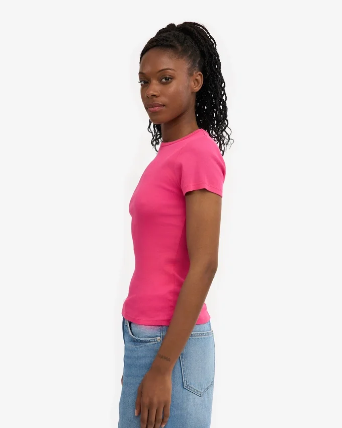 T-shirt en coton bio à côtes - rose bubble-gum