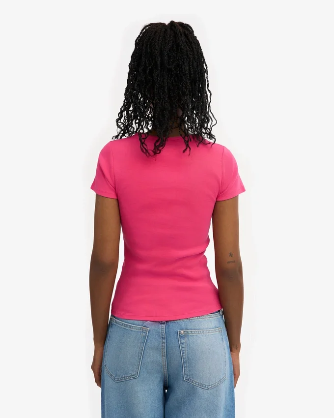 T-shirt en coton bio à côtes - rose bubble-gum