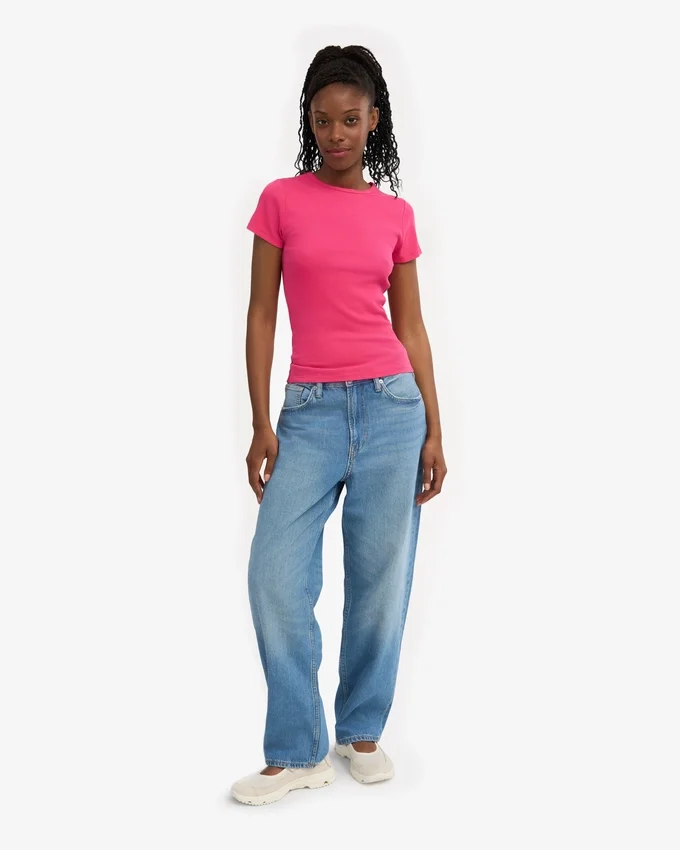 T-shirt en coton bio à côtes - rose bubble-gum