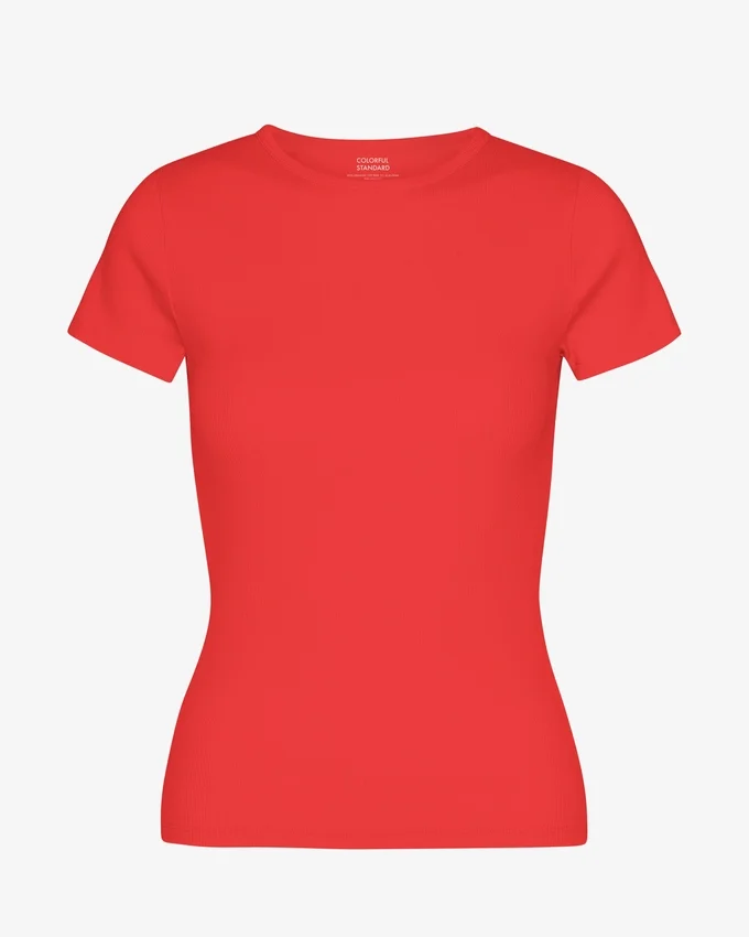 T-shirt en coton bio à côtes - Rouge mandarine