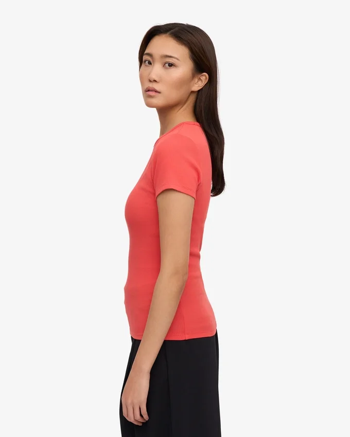T-shirt en coton bio à côtes - Rouge mandarine