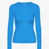 T-shirt femme à manches longues en coton bio côtelé - Bleu Pacifique