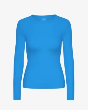 T-shirt femme à manches longues en coton bio côtelé - Bleu Pacifique