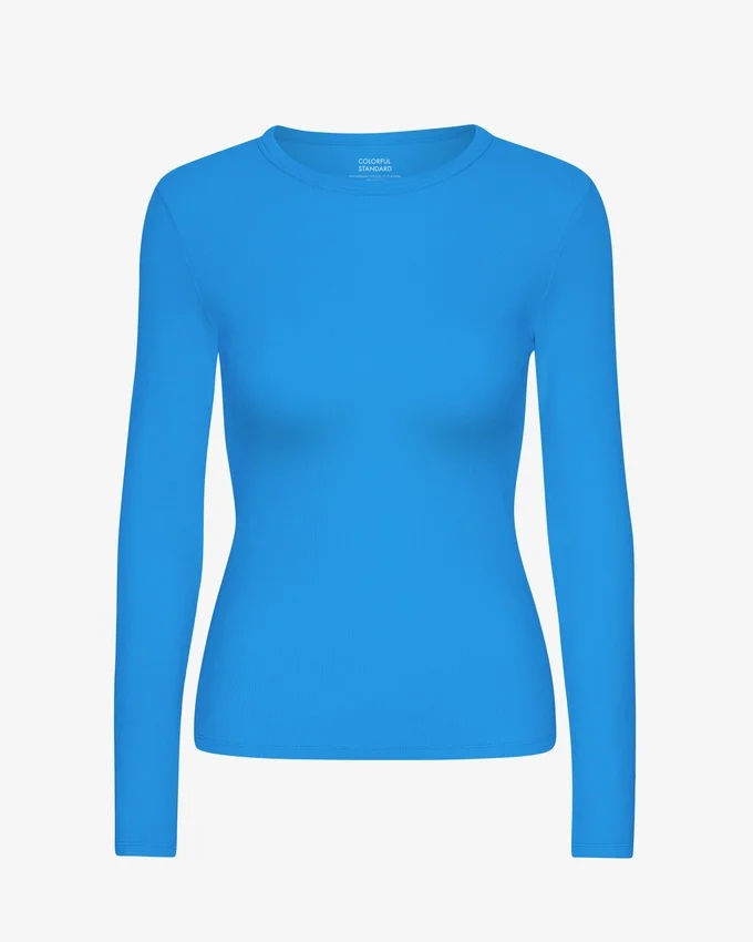 T-shirt femme à manches longues en coton bio côtelé - Bleu Pacifique