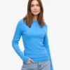 T-shirt femme à manches longues en coton bio côtelé - Bleu Pacifique