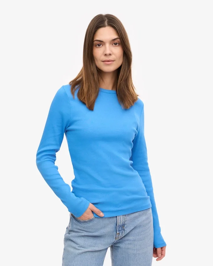 T-shirt femme à manches longues en coton bio côtelé - Bleu Pacifique