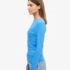 T-shirt femme à manches longues en coton bio côtelé - Bleu Pacifique