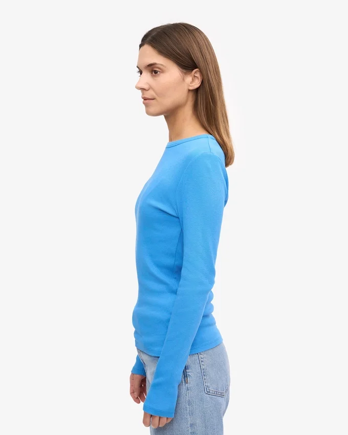 T-shirt femme à manches longues en coton bio côtelé - Bleu Pacifique