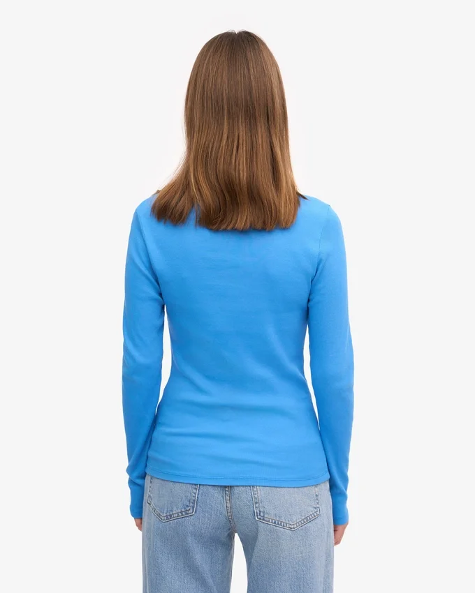 T-shirt femme à manches longues en coton bio côtelé - Bleu Pacifique