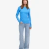 T-shirt femme à manches longues en coton bio côtelé - Bleu Pacifique