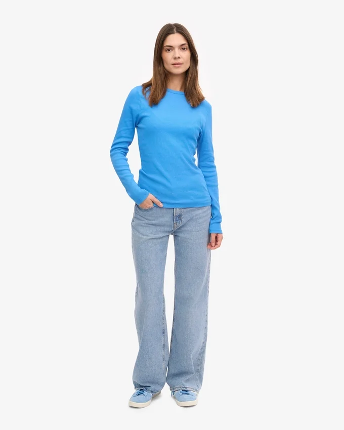 T-shirt femme à manches longues en coton bio côtelé - Bleu Pacifique