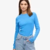 T-shirt femme à manches longues en coton bio côtelé - Bleu Pacifique