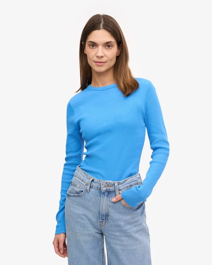T-shirt femme à manches longues en coton bio côtelé - Bleu Pacifique