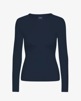 T-shirt femme à manches longues en coton bio à côtes - Bleu marine