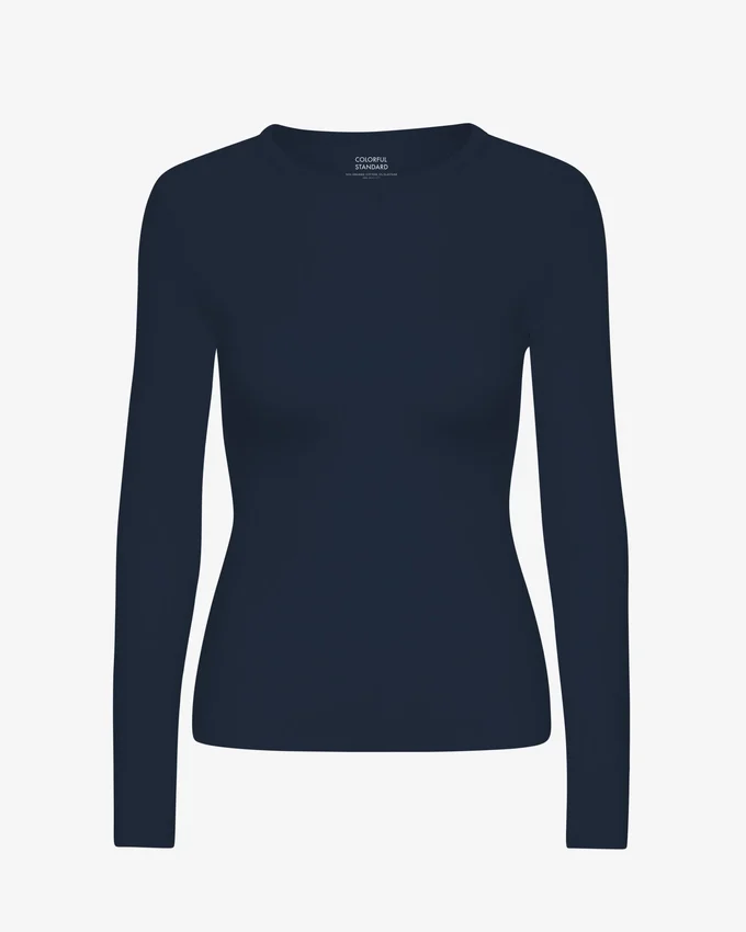 T-shirt femme à manches longues en coton bio à côtes - Bleu marine