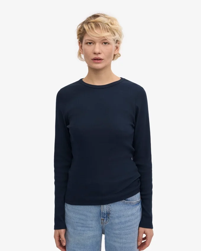 T-shirt femme à manches longues en coton bio à côtes - Bleu marine