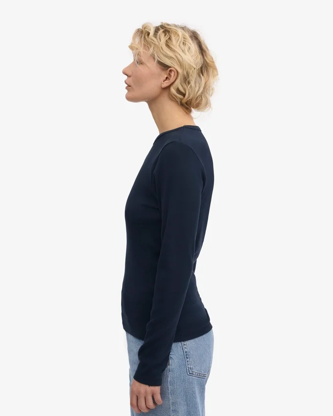 T-shirt femme à manches longues en coton bio à côtes - Bleu marine