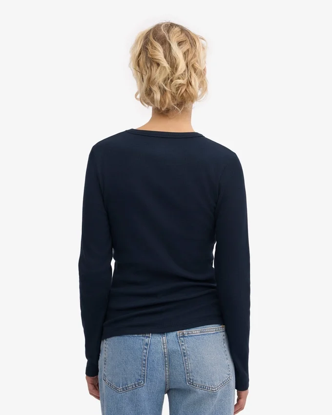 T-shirt femme à manches longues en coton bio à côtes - Bleu marine
