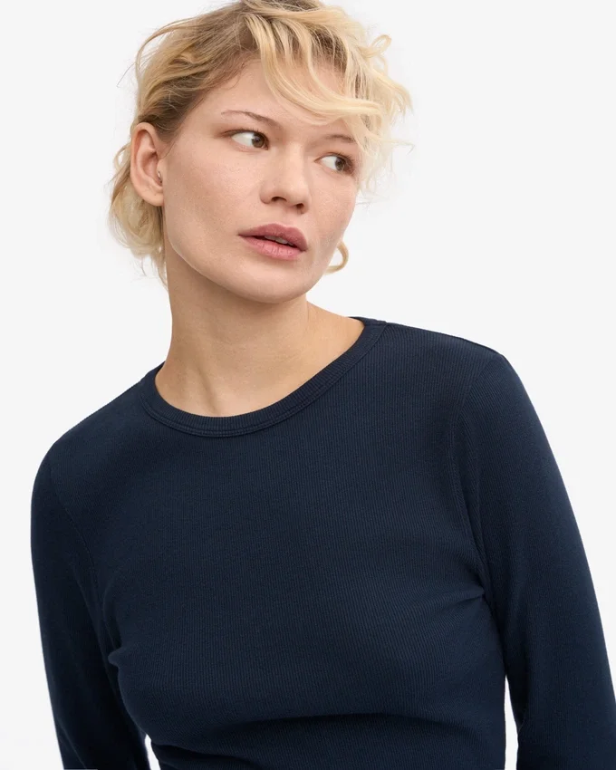 T-shirt femme à manches longues en coton bio à côtes - Bleu marine