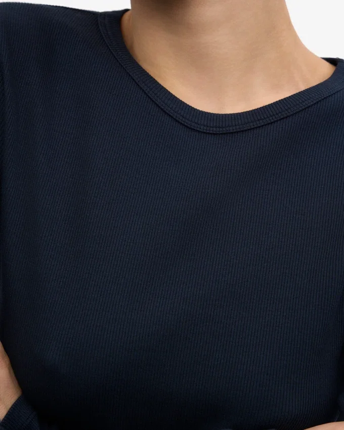 T-shirt femme à manches longues en coton bio à côtes - Bleu marine