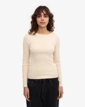 T-shirt à manches longues côtelé bio pour femme – Blanc ivoire