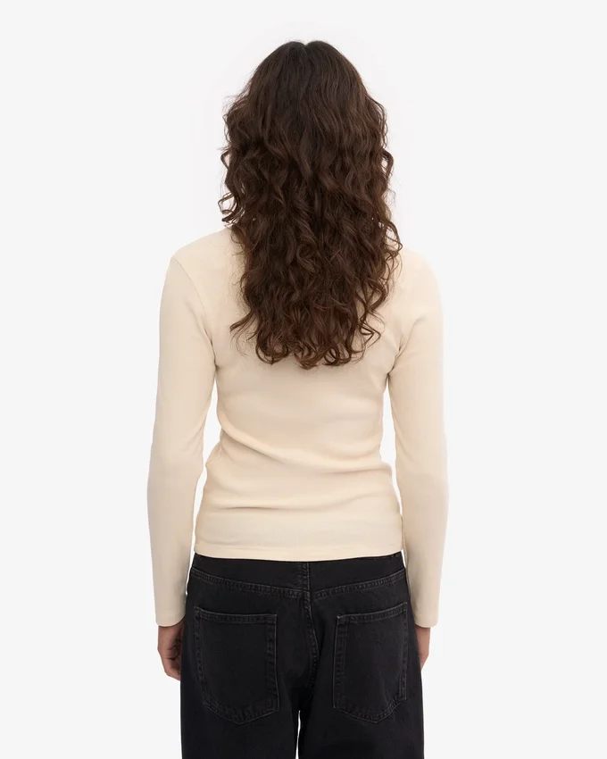 T-shirt à manches longues côtelé bio pour femme - Blanc ivoire