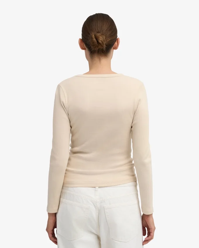 T-shirt à manches longues côtelé bio pour femme - Blanc ivoire