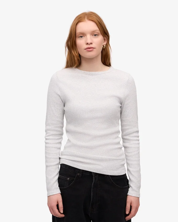 T-shirt à manches longues côtelé bio pour femme - Mélange neige