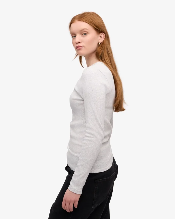 T-shirt à manches longues côtelé bio pour femme - Mélange neige