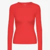 T-shirt à manches longues côtelé bio pour femme - Rouge mandarine