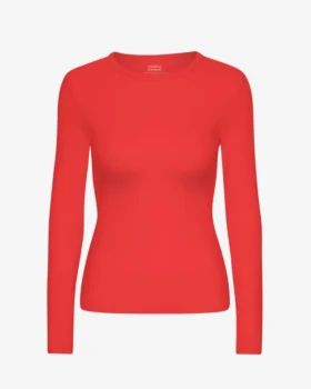 T-shirt à manches longues côtelé bio pour femme - Rouge mandarine