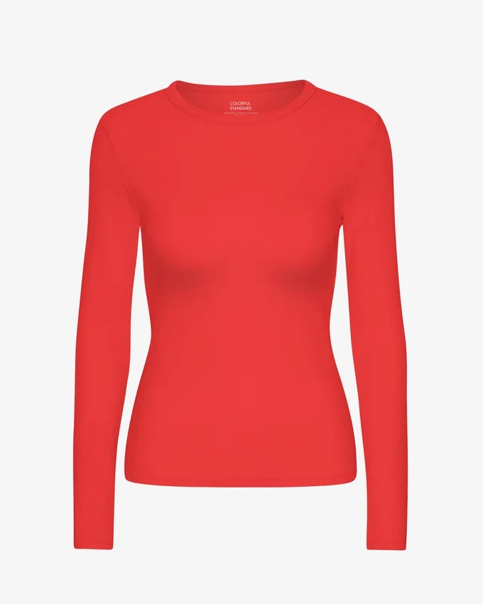 T-shirt à manches longues côtelé bio pour femme - Rouge mandarine