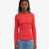 T-shirt à manches longues côtelé bio pour femme - Rouge mandarine