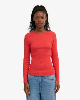 T-shirt à manches longues côtelé bio pour femme – Rouge mandarine