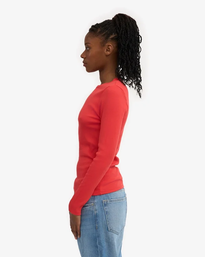 T-shirt à manches longues côtelé bio pour femme - Rouge mandarine