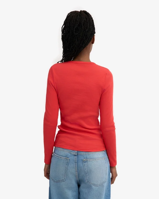 T-shirt à manches longues côtelé bio pour femme - Rouge mandarine