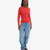 T-shirt à manches longues côtelé bio pour femme - Rouge mandarine