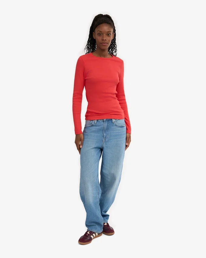 T-shirt à manches longues côtelé bio pour femme - Rouge mandarine