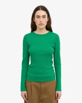 T-shirt à manches longues côtelé bio pour femme – Vert Kelly